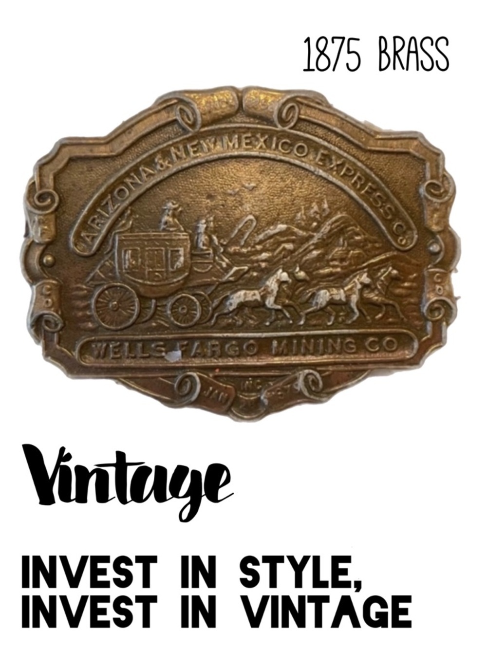 WELLS FARGO VINTAGE BELT BUCKLE MINING & STAGECOACH CO BRASS